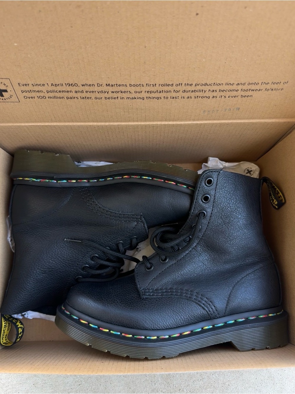 Dr. Martens Women 1460 Black Leather Boots with Rainbow Stitch